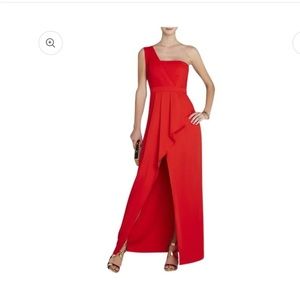 BCBG Kristine red one shoulder peplum gown